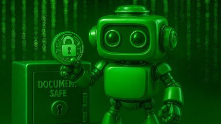 A green 3D robot stands in front of a document safe holding a circular lock icon, symbolizing the strong security, authentication, and governance built into the voicebot.