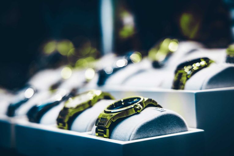 Luxury watches in a display