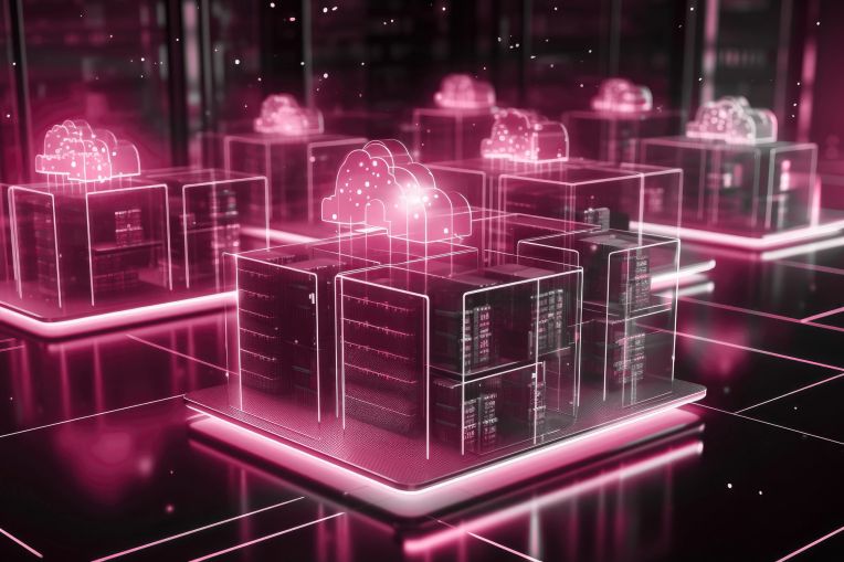 Image shows several computer systems in a futuristic environment with drawn cloud representations.