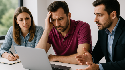 Three colleagues looking at a laptop in frustration because they are having problems with the SAP S/4HANA migration.