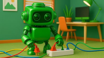 A green 3D robot plugs color-coded cables into a power strip, symbolizing how the voicebot connects ERP, CRM, or DMS systems.