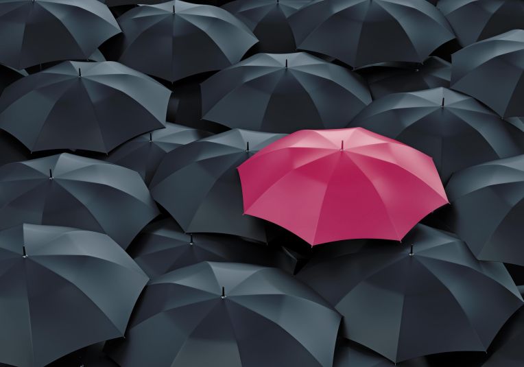 Lots of black umbrellas stretched out and a pink umbrella in the middle.