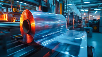 Industrial scene with a large roll of transparent plastic film running through a production machine, illuminated by warm and cool lighting.