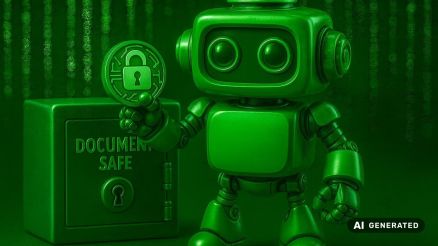 A green 3D robot stands in front of a document safe holding a circular lock icon, symbolizing the strong security, authentication, and governance built into the voicebot.
