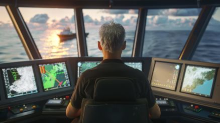 A person can be seen from behind, sitting in front of a control center on a bridge of the ship.