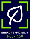 Blue logo with white leaf and green corners